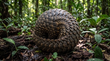 Un pangolín cubierto de escamas marrón se enrosca en una bola sobre la tierra y hojas secas de un bosque rodeado de vegetación verde.