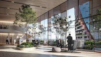 Lobby futurista en el hotel