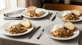 Cuatro platos con pechuga de pollo en salsa de champiñones, arroz blanco y pan artesanal sobre una mesa con cubiertos y servilletas.