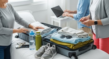 Primer plano de dos adultos mayores preparando maletas sobre una cama; una persona guarda ropa mientras la otra usa una tablet. Zapatillas, botellas y un móvil visibles.