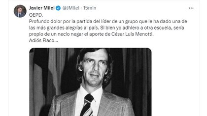 “Adios Flaco...”: el mensaje de Javier Milei por la muerte de César Luis Menotti