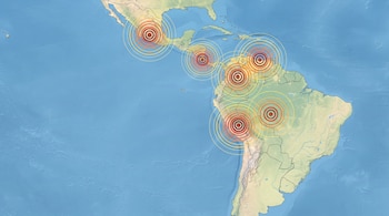 Mapa físico de América Latina que presenta círculos concéntricos rojos y amarillos ubicados sobre varios países.
