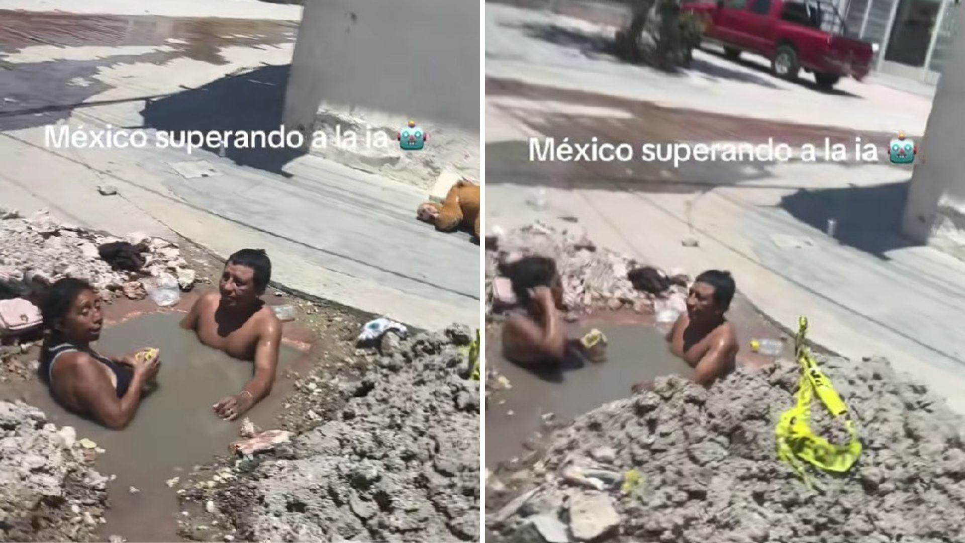Una pareja fue captada dentro de aguas residuales como si fuera un spa.