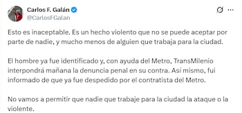 El alcalde Carlos Fernando Galán condena los disturbios protagonizados por trabajadores del Metro de Bogotá en la avenida Primero de Mayo - crédito Carlos Fernando Galán/X