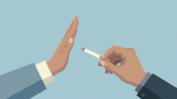 Una ilustración plana muestra una mano saliendo de la derecha con un cigarrillo apagado. Una mano desde la izquierda detiene el avance del cigarrillo. El fondo es celeste.