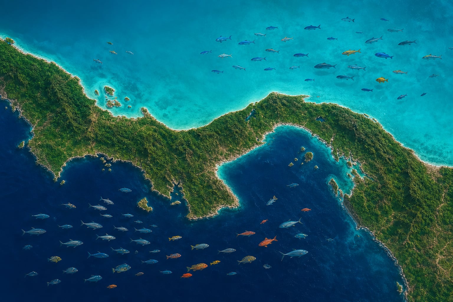 Un mapa conceptual del istmo de Panamá ilustra la diferencia de fauna marina presente en las aguas del mar Caribe y del océano Pacífico. (Imagen Ilustrativa Infobae)