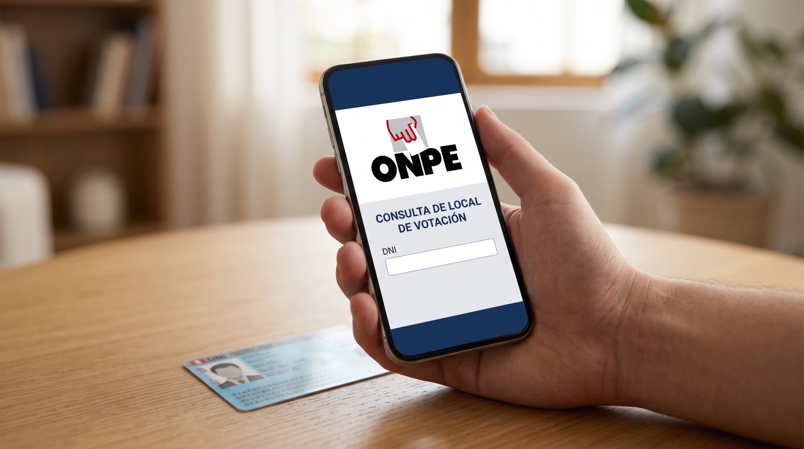 Una persona utiliza la plataforma en línea de la ONPE desde un teléfono móvil para verificar su centro de votación en Perú junto a su documento de identidad. (Imagen Ilustrativa Infobae)