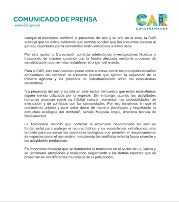 CAR Oso Andino - crédito CAR