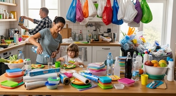Una familia en una cocina. Mujer vierte agua, niño come con cubiertos de plástico. Mesa con envases. Bolsas plásticas cuelgan. Acumulación de basura plástica al fondo.