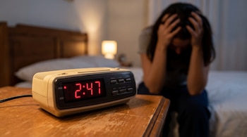 Un reloj digital color beige muestra las 2:47 AM sobre una mesita de noche de madera. En segundo plano, una mujer borrosa se sienta en una cama, agarrándose la cabeza.