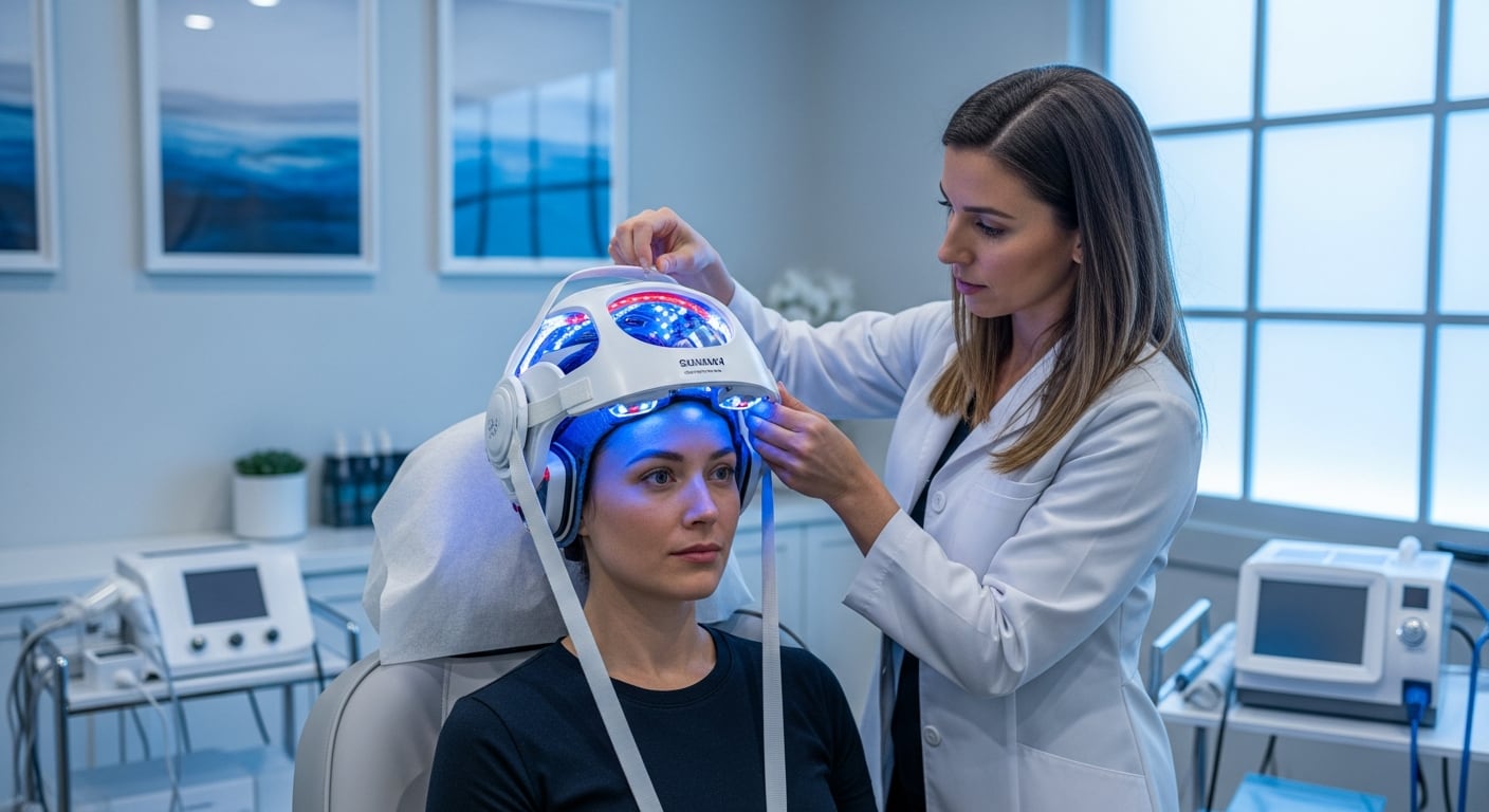 Una profesional de la salud ajusta un dispositivo de terapia con luz LED en la cabeza de una paciente durante un procedimiento médico en una clínica especializada. Esta tecnología se utiliza para estimular el crecimiento capilar y tratar diversas afecciones cutáneas, destacando los avances en tratamientos no invasivos en dermatología. (Imagen Ilustrativa Infobae)