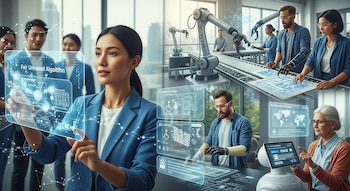 Una mujer manipula una pantalla táctil transparente con el texto 'Fair Unbiased Algorithm' y un grupo de personas trabaja con robots y computadoras.