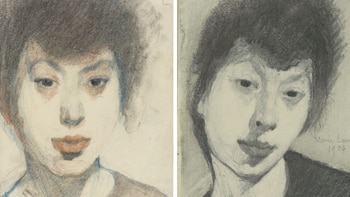 Dos dibujos de retrato de una mujer con cabello oscuro y corto. El de la izquierda es a color, el de la derecha es monocromático, firmado 'Marie Laurencin 1906'