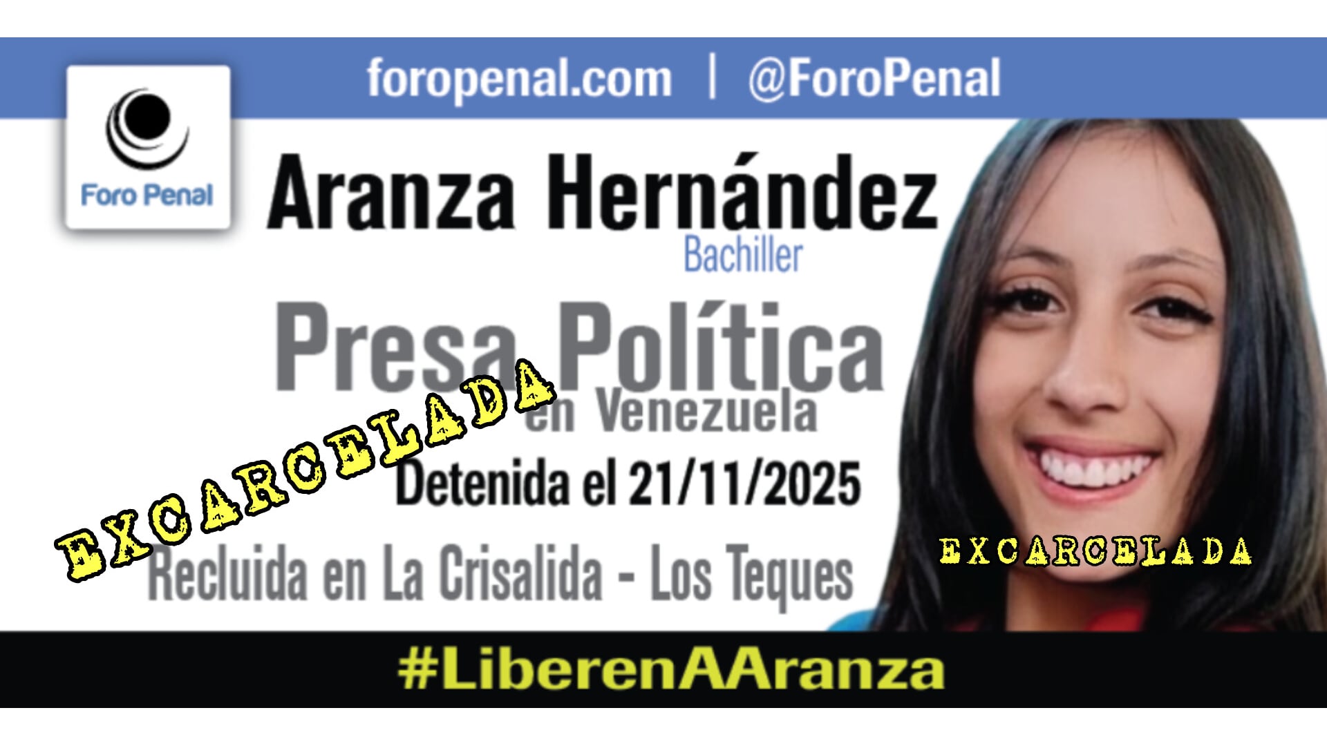 Foro Penal confirmó la excarcelación de Aranza Hernández Castillo (19) arbitrariamente detenida desde el 21 de noviembre de 2025 (@ForoPenal)