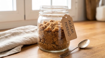 Un tarro de cristal lleno de azúcar moreno, con una etiqueta 'AZÚCAR MORENO', se posa en una mesa de madera junto a una cuchara de metal y un paño de tela clara.