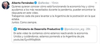 Tweet de Alberto Fernández reactivacion de la economia