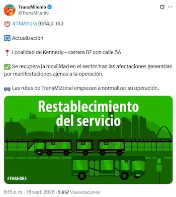 TransMilenio reportó el reestablecimiento del servicio en el sector luego de casi dos horas - crédito @TransMilenio/X