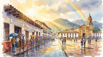 Pintura en acuarela de una calle colombiana donde personas con paraguas hacen fila frente a un puesto de votación bajo llovizna, sol y un arcoíris.