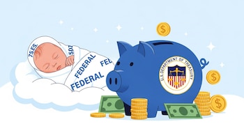 Ilustración digital de un bebé durmiendo en una nube blanca, junto a una alcancía azul con el logo del U.S. Department of the Treasury, rodeados de monedas y billetes.