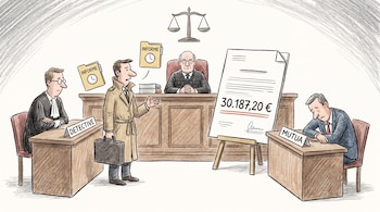 Ilustración de una sala judicial con un juez, un detective, carpetas de informes y un cartel con la cifra de 30.187,20 euros.