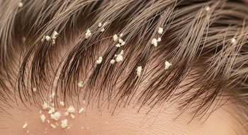 Primer plano de caspa en el cuero cabelludo y el cabello de una persona, mostrando numerosas escamas blancas y amarillentas entre los mechones oscuros.