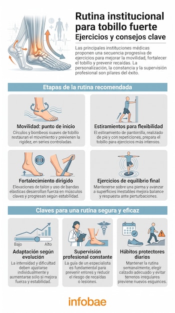 Infografía con ilustraciones de un pie, personas realizando ejercicios de tobillo y pantorrilla, una doctora, un gráfico y un calendario con un cheque.
