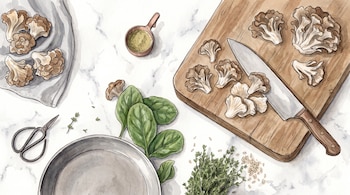 Hongos maitake, hojas de espinaca, ramas de tomillo, cuchillo, tabla de madera, sartén, cuchara medidora con especias, tijeras y un paño en mesa de mármol.