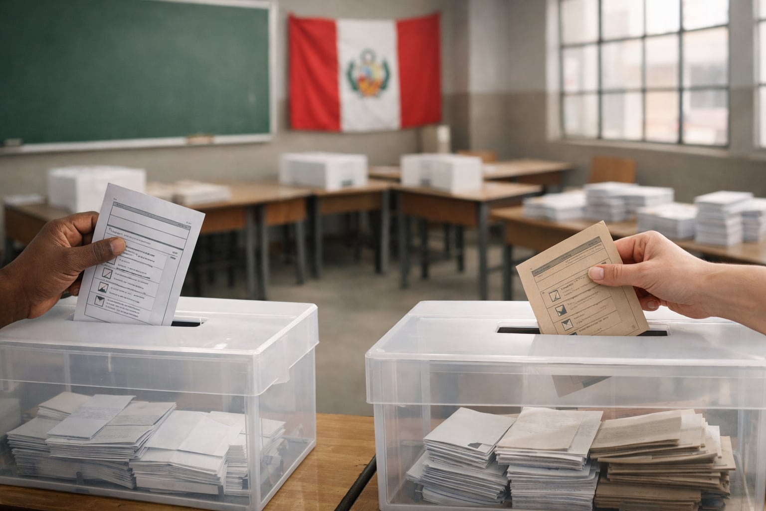 Dos votantes depositan sus boletas en urnas transparentes dentro de un aula convertida en centro de votación en Perú, simbolizando la tensión y fragmentación inherentes al actual proceso electoral. (Imagen Ilustrativa Infobae)