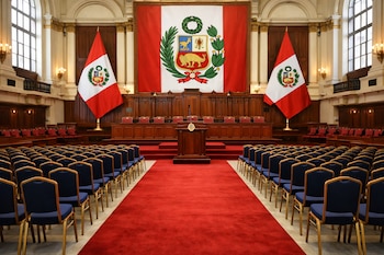Recinto del Congreso de Perú con sillas alineadas, alfombra roja, podio con micrófono, dos banderas peruanas y el escudo nacional.