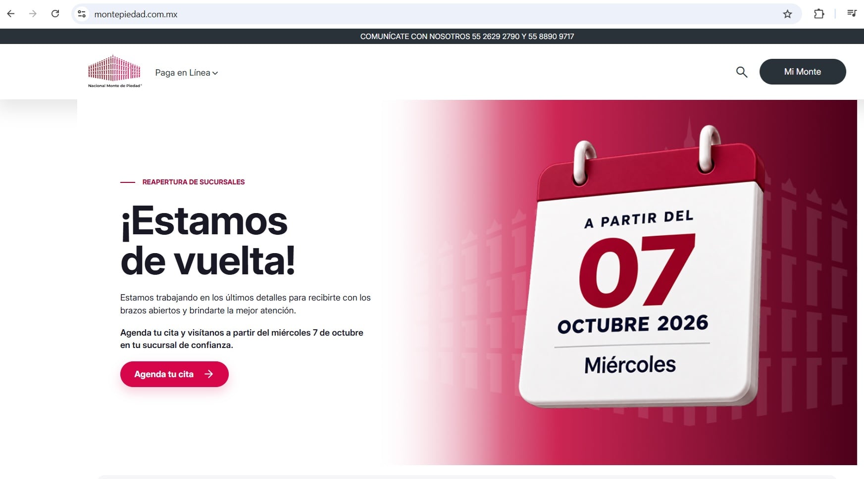 El sitio web del Nacional Monte de Piedad informa sobre la reapertura de sus sucursales e invita a los usuarios a agendar una cita presencial. (Captura www.montepiedad.com.mx/cita-sucursal/)