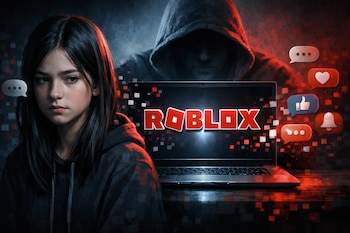 Adolescente de cabello lacio, figura de adulto encapuchado, laptop con el logo de Roblox en pantalla, burbujas de chat y píxeles dispersos.