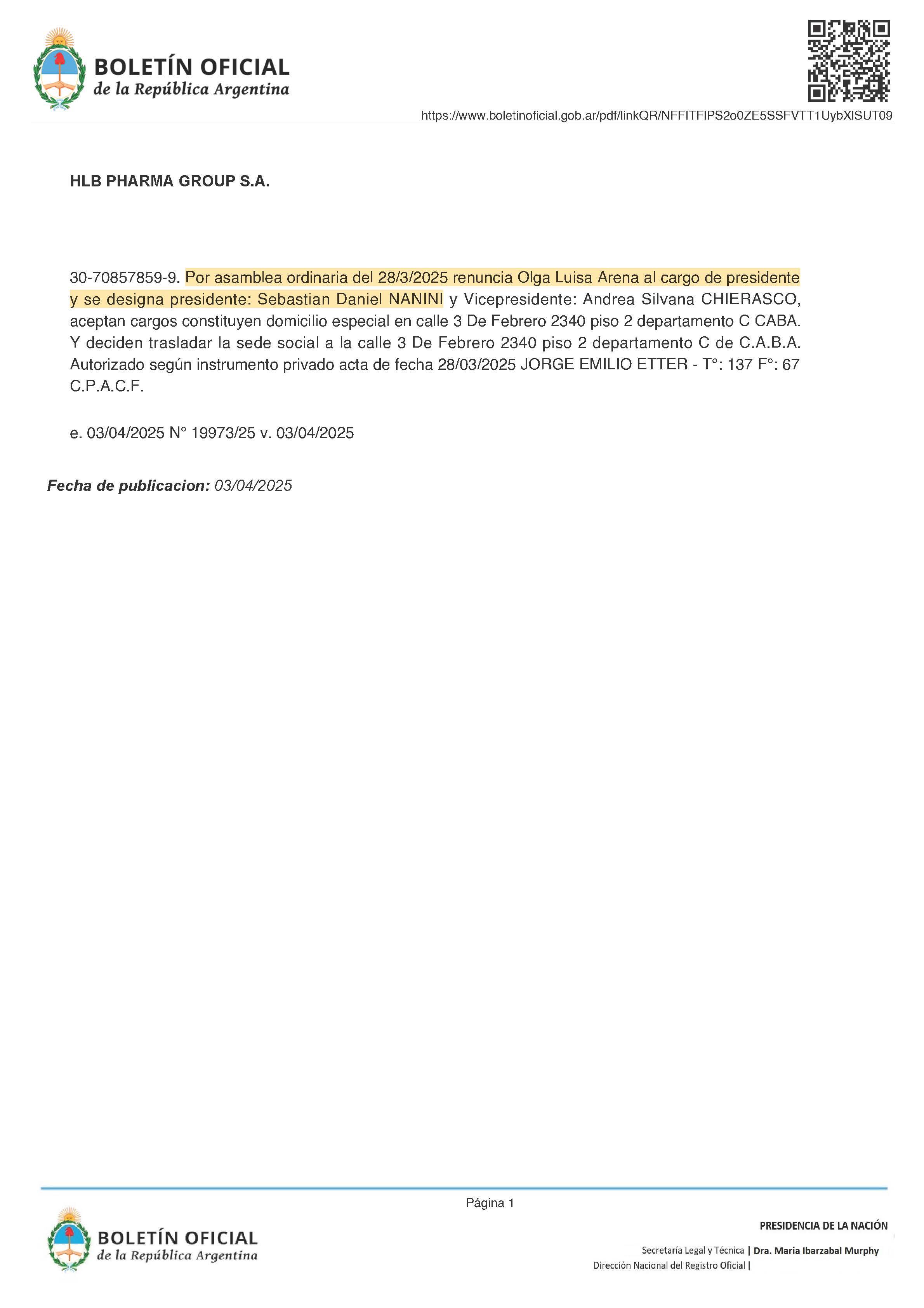 En el Boletín Oficial Sebastián Nanini figura como presidente del cuestionado laboratorio. Aún no tomo posesión