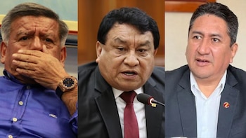 Collage de tres políticos: Cesar Acuña cubriéndose la boca, José Luna hablando frente a un micrófono y Vladimir Cerrón mirando de lado