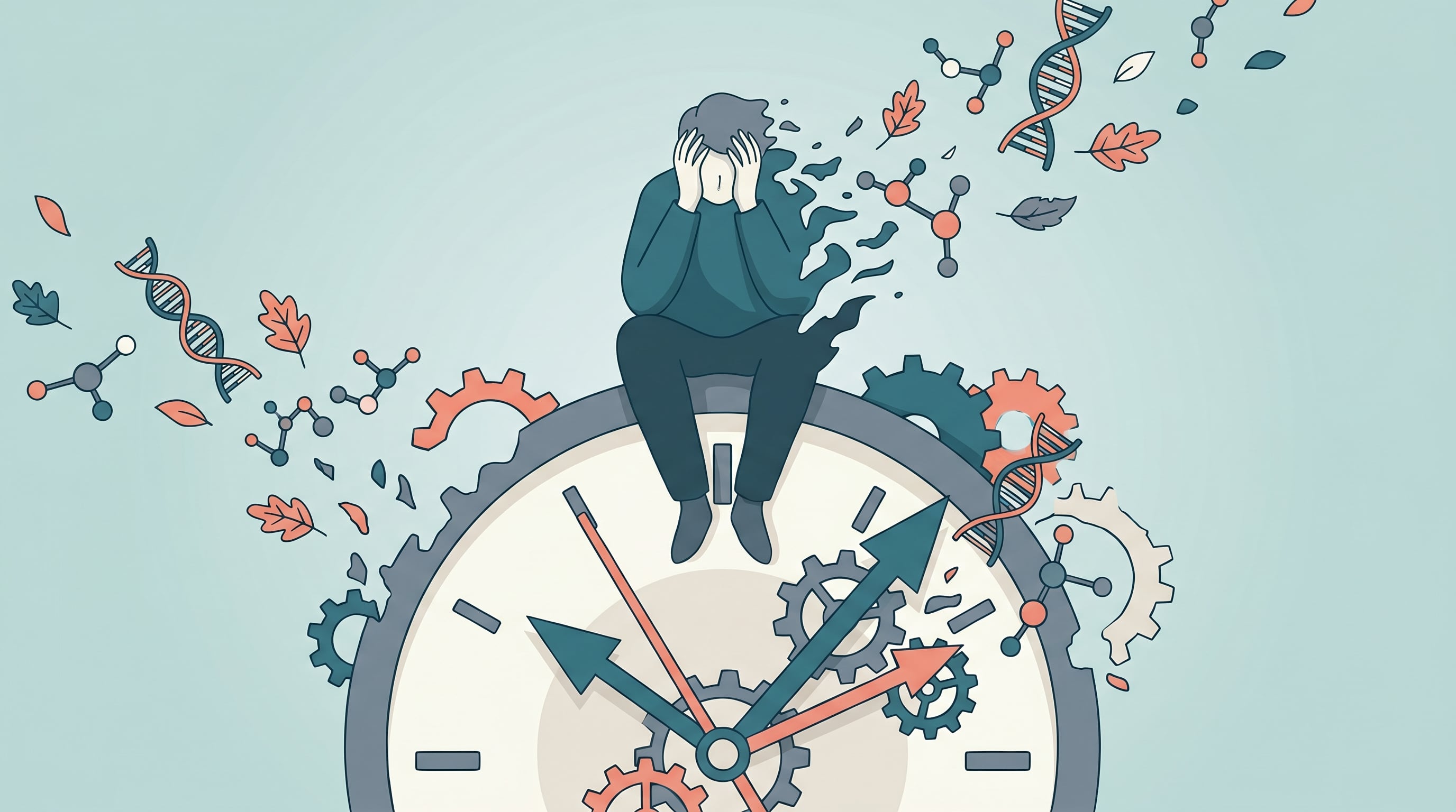 Ilustración editorial plana que representa una figura humana estilizada sentada sobre un reloj, con la cabeza entre las manos, rodeada de manecillas que avanzan caóticamente y símbolos de ADN y hojas disolviéndose, simbolizando la cronofobia y el paso del tiempo. (Imagen Ilustrativa Infobae)