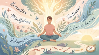 Ilustración de una persona meditando bajo un árbol luminoso, rodeada de palabras como 'Bienestar', 'Mindfulness' y 'Positivismo', con un camino y un amanecer al fondo.