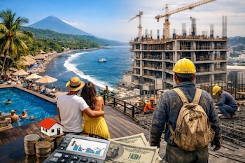 Una imagen dividida muestra una playa con un volcán y una zona de construcción. En el primer plano, una pareja, modelo de casa, monedas, billetes y una calculadora.
