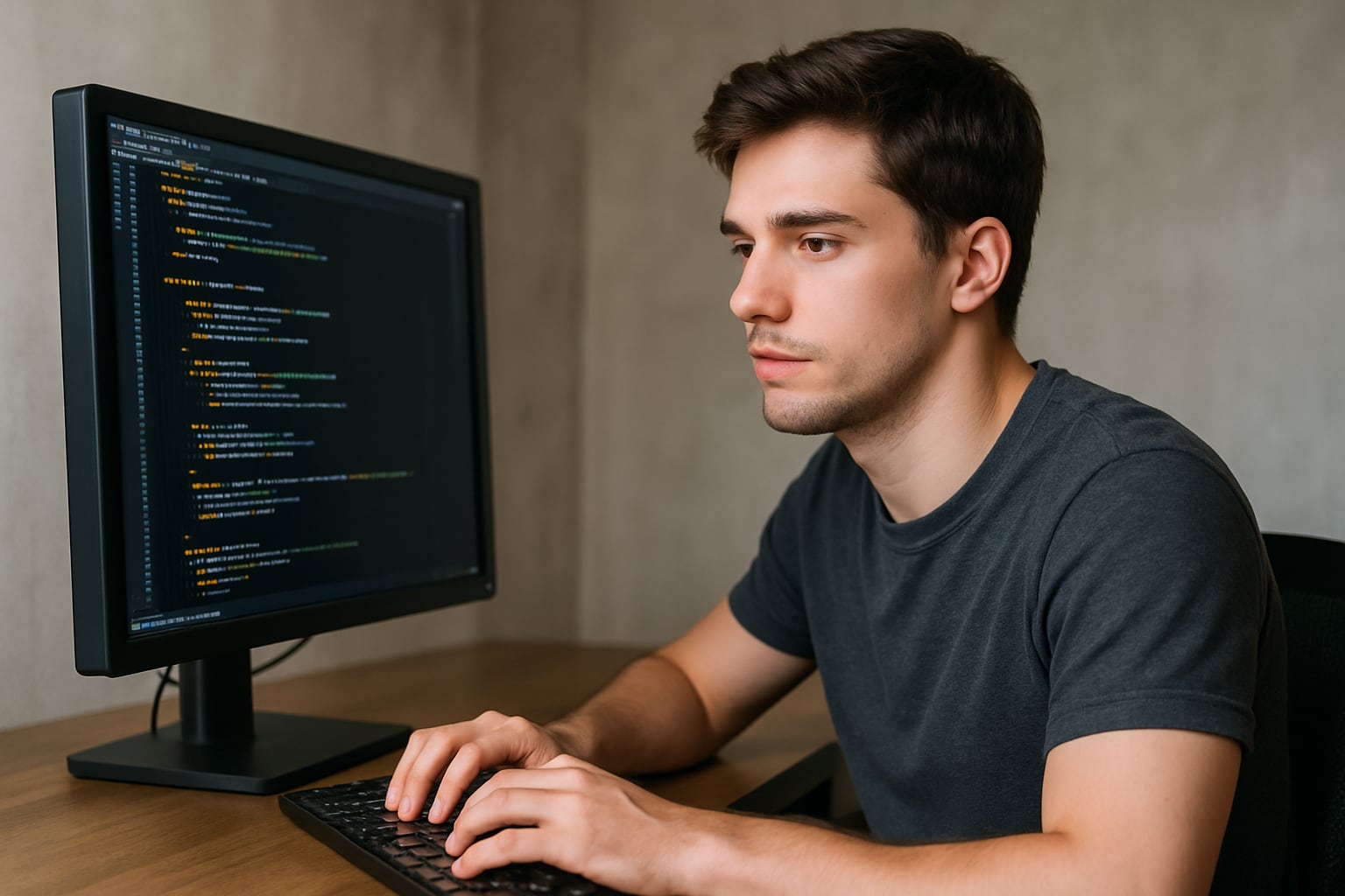 Un joven desarrollador se concentra en la pantalla de su computadora mientras escribe código en un entorno profesional. La programación y el desarrollo de software digital impulsan la innovación tecnológica en las empresas modernas. (Imagen Ilustrativa Infobae)