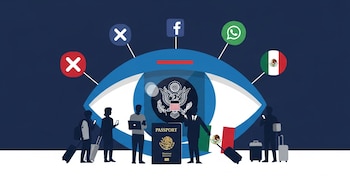 Ilustración de ojo digital con logo de Estados Unidos, personas con maletas, laptop, móviles, pasaporte mexicano, e íconos de redes sociales X, Facebook, Instagram, WhatsApp.
