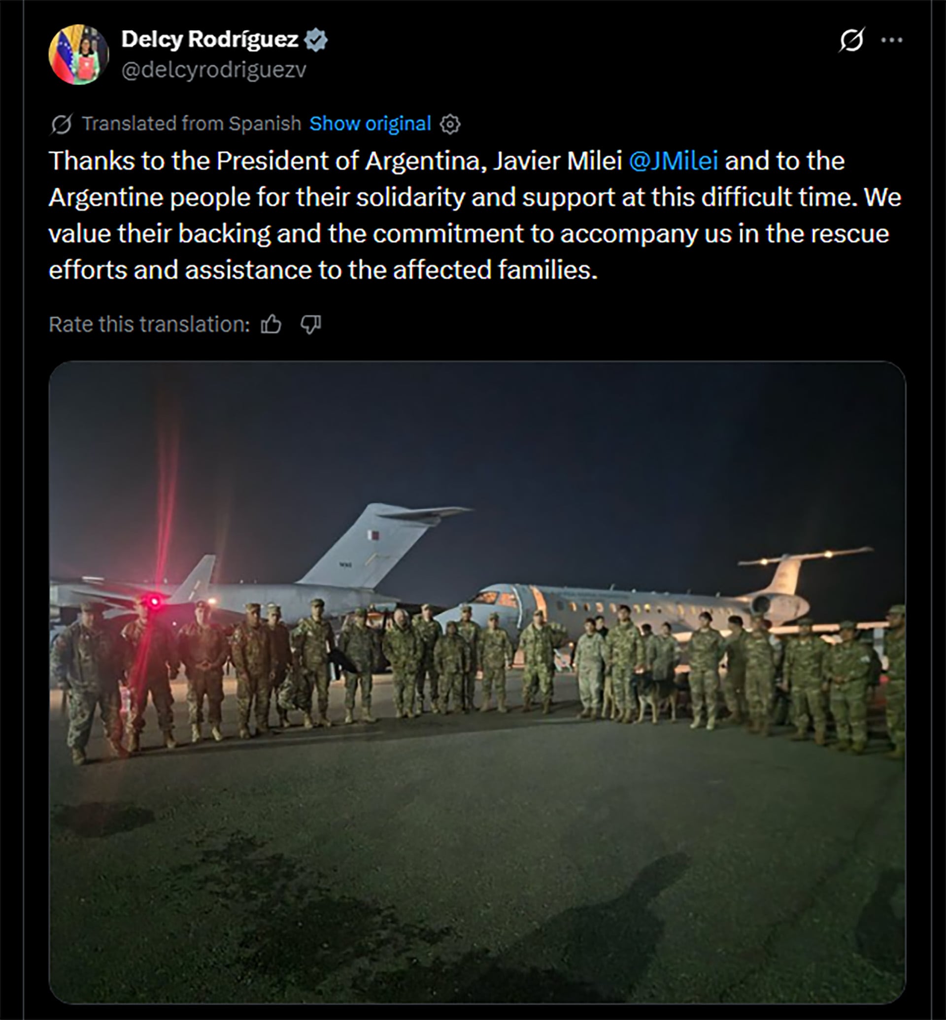 Delcy Rodriguez agradece a Milei por el envío de rescatistas