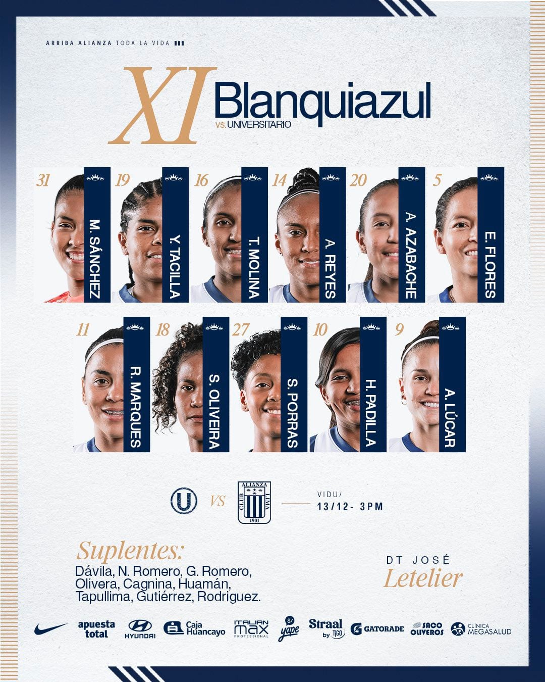 Alineación confirmada de Alianza Lima ante Universitario por la final de la Liga Femenina 2025