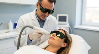 Un dermatólogo con gafas de protección aplica un dispositivo láser en el rostro de una mujer que yace recostada, también con gafas protectoras.