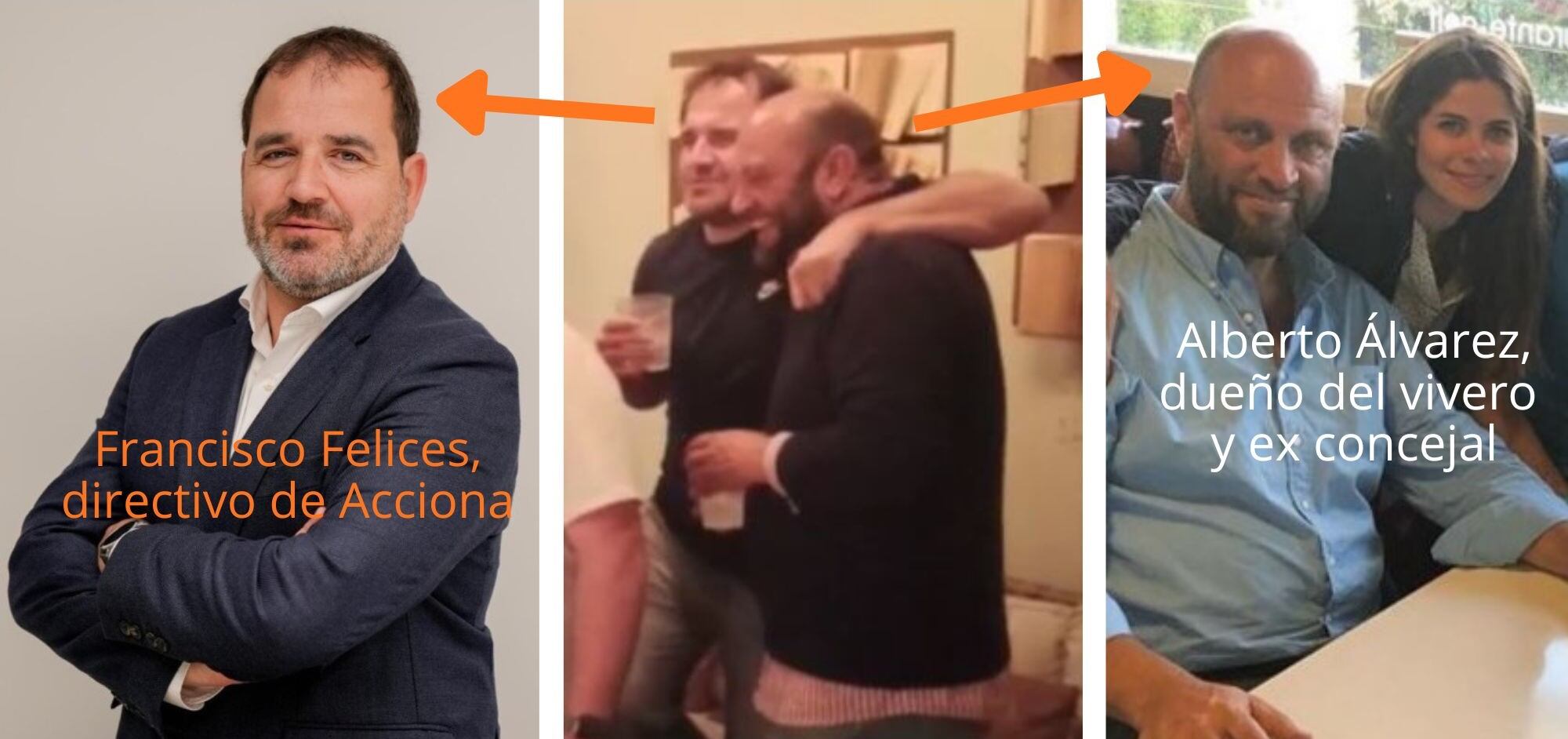 En el centro de la image, un momento de la fiesta celebrada en el vivero. Aparecen abrazados el dueño del vivero, el exconcejal Alberto Álvarez, y el directivo de Acciona Francisco Felices