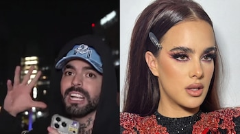 Pantalla dividida con primer plano de hombre con gorra, capucha y barba, sosteniendo un teléfono; junto a primer plano de mujer con pelo oscuro, horquilla y maquillaje de ojos