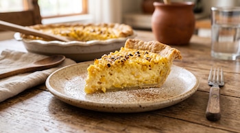 Una rebanada de tarta de maíz sobre un plato cerámico con azucar en polvo, un tenedor al lado y una tarta entera en el fondo.