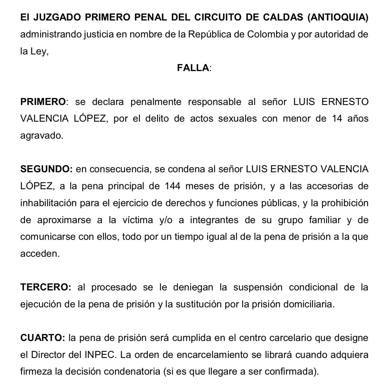 Fallo contra Luis Ernesto Valencia López, sacerdote de Caldas, Antioquia - crédito Captura de Pantalla X/Casa Macondo