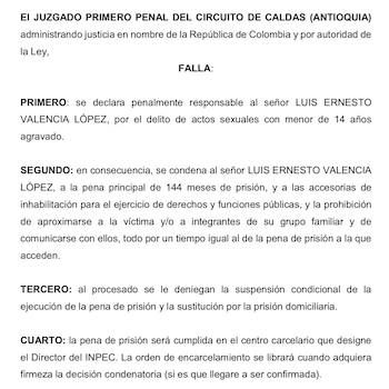 Fallo contra Luis Ernesto Valencia López, sacerdote de Caldas, Antioquia - crédito Captura de Pantalla X/Casa Macondo