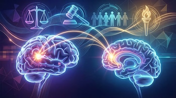 Dos cerebros estilizados con luces y conexiones. Fondo azul/morado con íconos de balanza, martillo judicial, siluetas humanas y una antorcha.