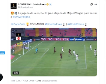 La publicación de Conmebol destacando la tapada de Miguel Vargas en Universitario vs Tolima.
