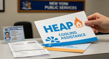 Primer plano de una mano entregando un folleto de HEAP Cooling Assistance. Sobre el mostrador, una identificación de Nueva York y una factura de electricidad.