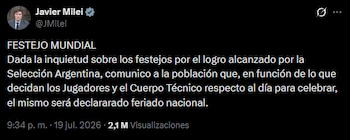 Captura de pantalla de un tuit de Javier Milei que anuncia un feriado nacional por el festejo de la Selección Argentina, con 2,1 millones de visualizaciones